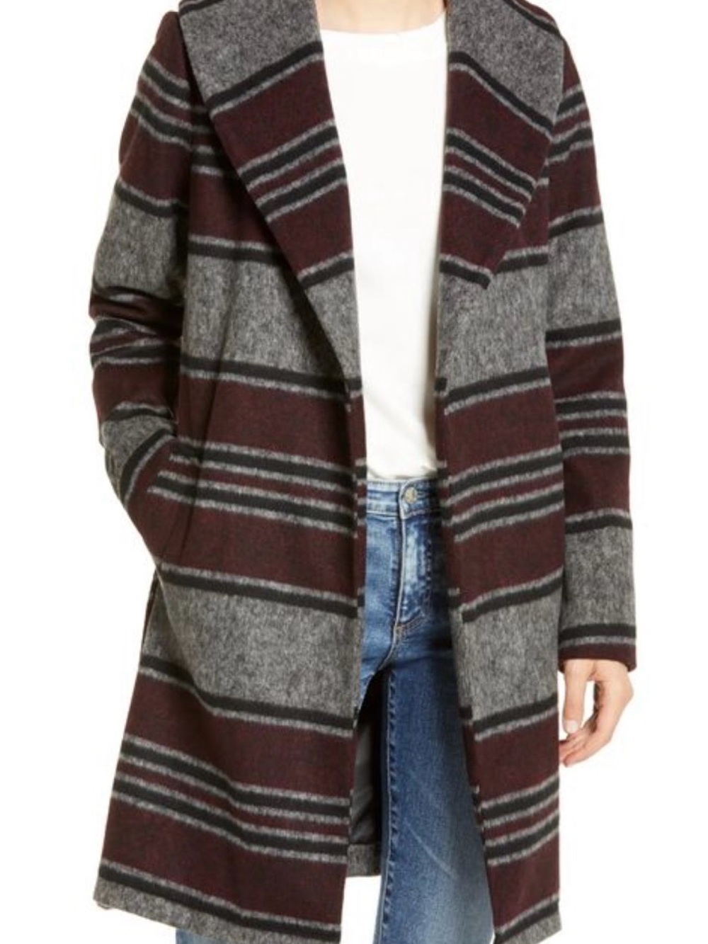 Scotch & Soda Maison Gray and Burgundy Striped Long Wool Coat
